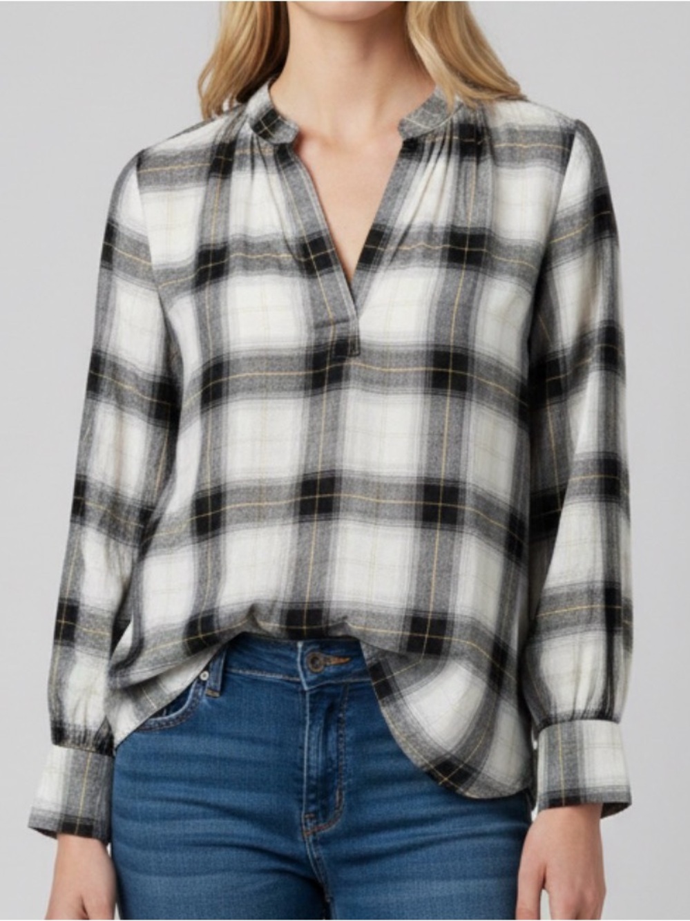LOFT Collarless Plaid V-Neck Oversized Shirt